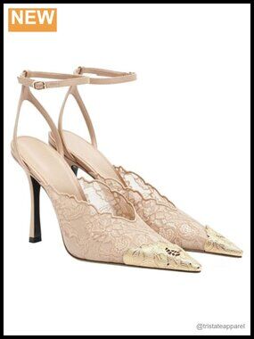 Lace Mesh Pointed Toe Slingback Stiletto Heels Wedding Pumps